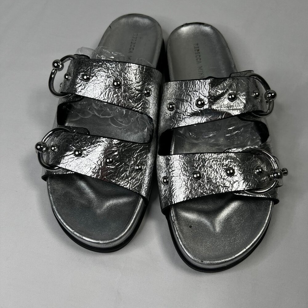 Rebecca Minkoff Vachel Metallic Buckled Slides In Silver Sandals 9 - Picture 8 of 15